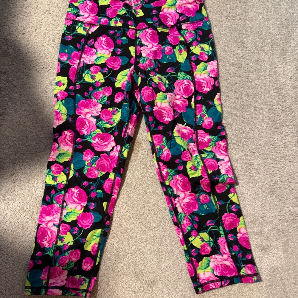Betsey Johnson Black Leggings with Hot Pink Floral Print - Women Size Medium